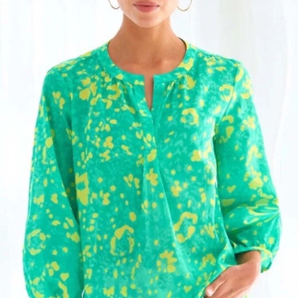 Finley Green Blouse with 3/4 Sleeves and Split Neckline